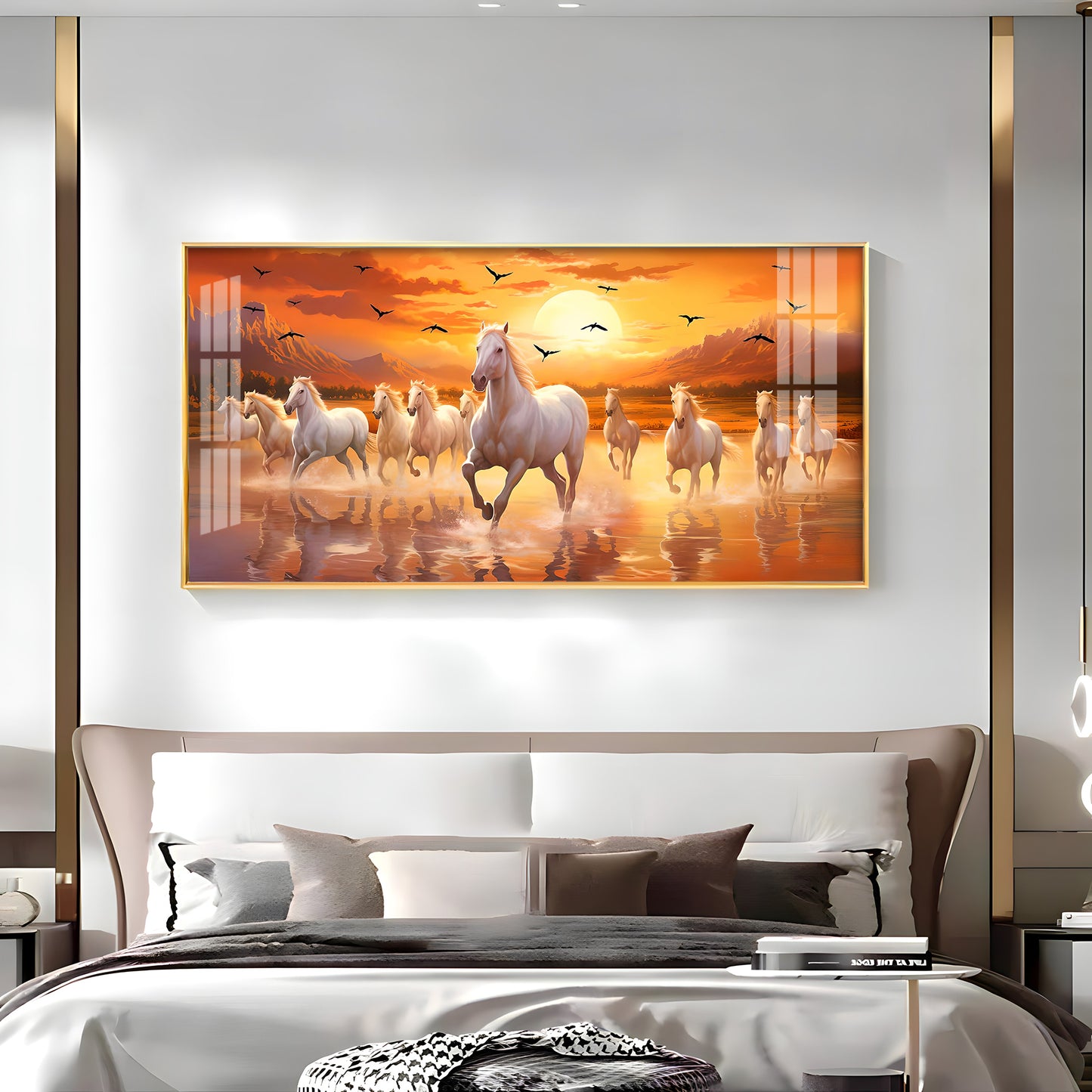 White Running Horses With Sunrise Premium Acrylic Horizontal Wall Art