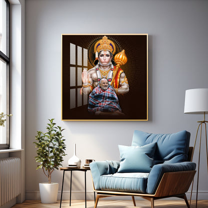 Lord Hanuman Ji and Need Karoli Baba Premium Acrylic Square Wall Art