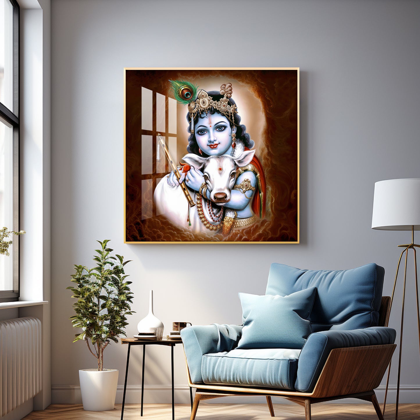 Krishna With Bansuri & Cow Premium Acrylic Horizontal Wall Art