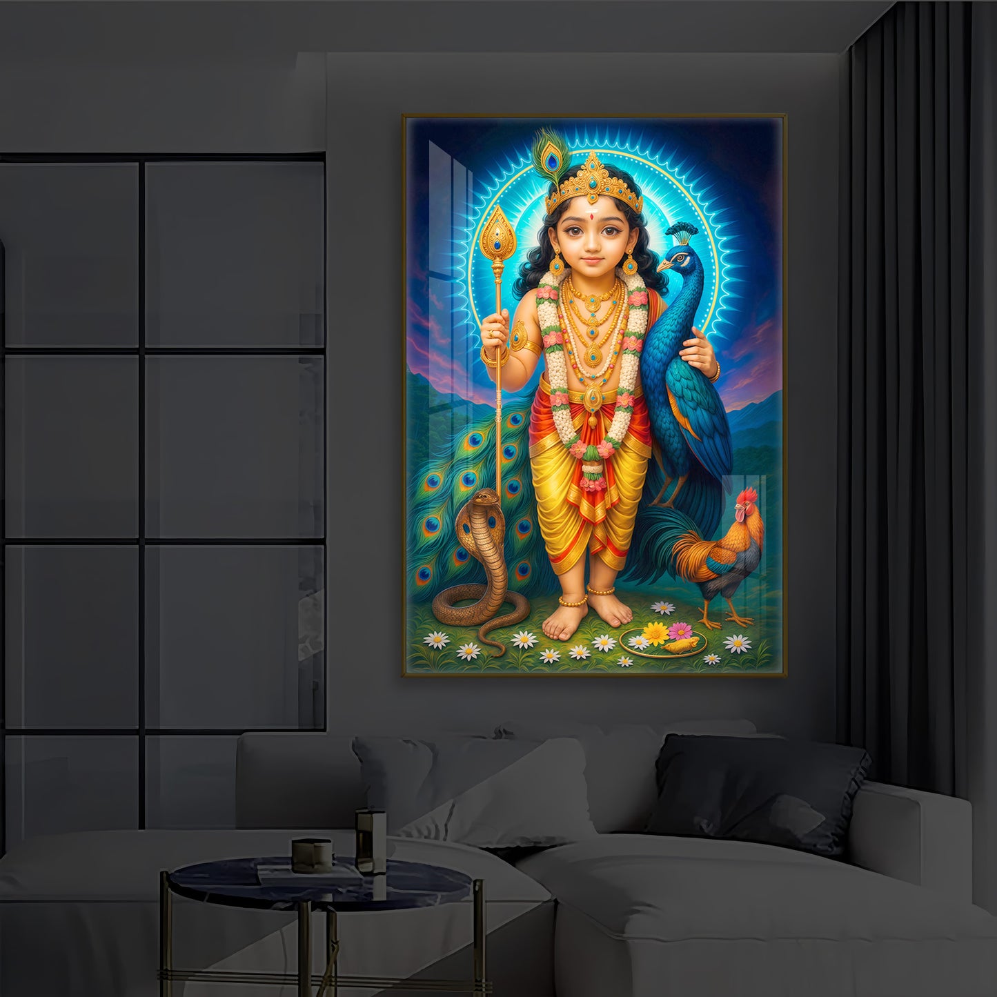 Lord Murugan Ji Modern Luxury Backlight Vertical Wall Art