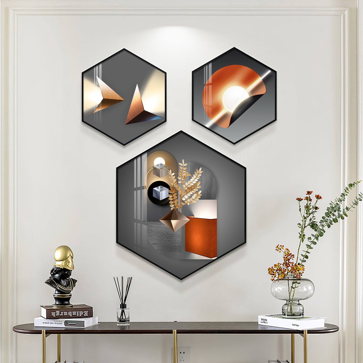 Luminious Abstract Premium Acrylic Hexagon Wall Art (Set of 3)