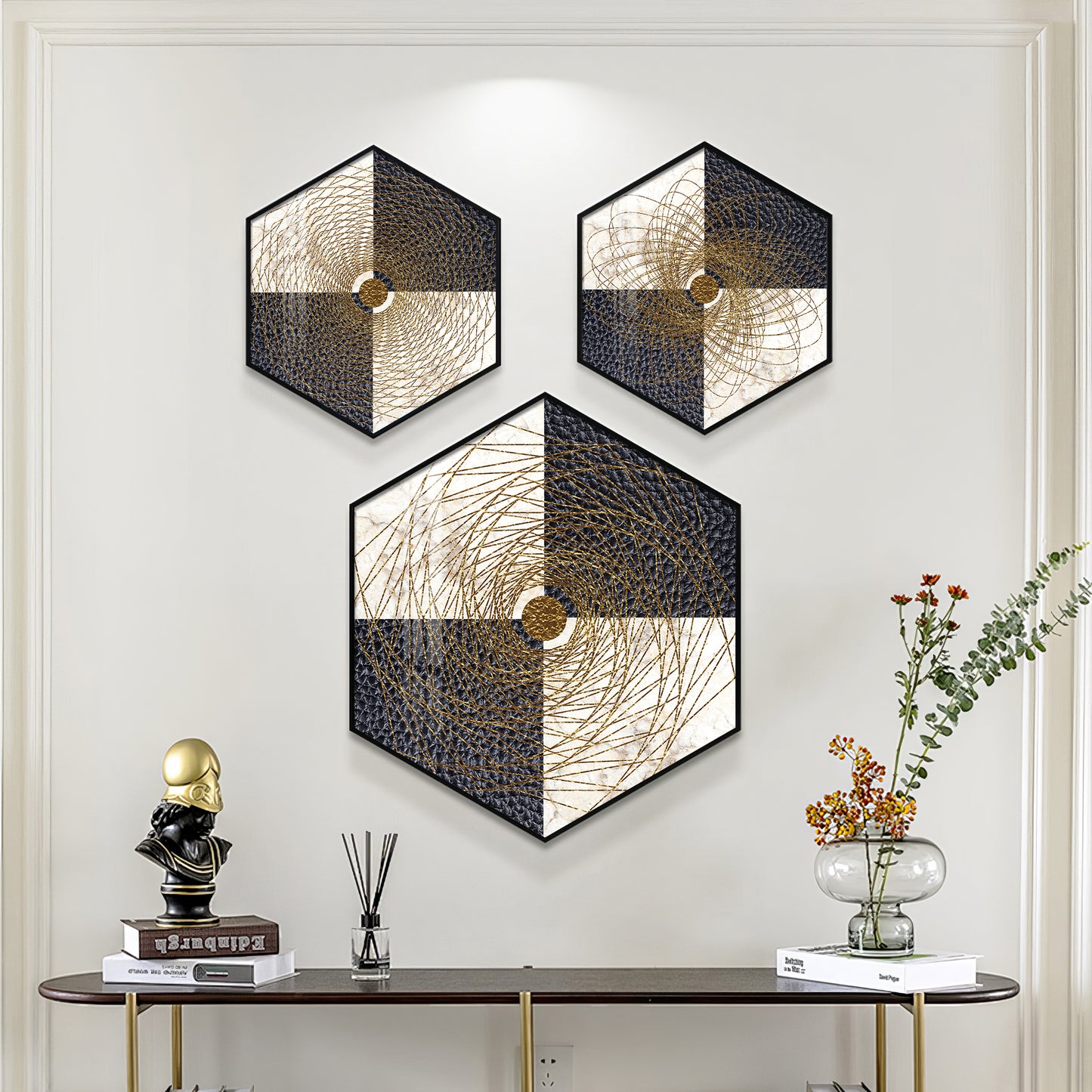 Spiral In Golden Premium Acrylic Hexagon Wall Art (Set of 3)