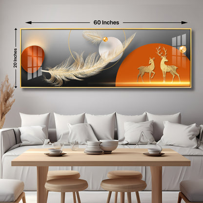 Golden Deers With Feathers Premium Acrylic Horizontal Wall Art