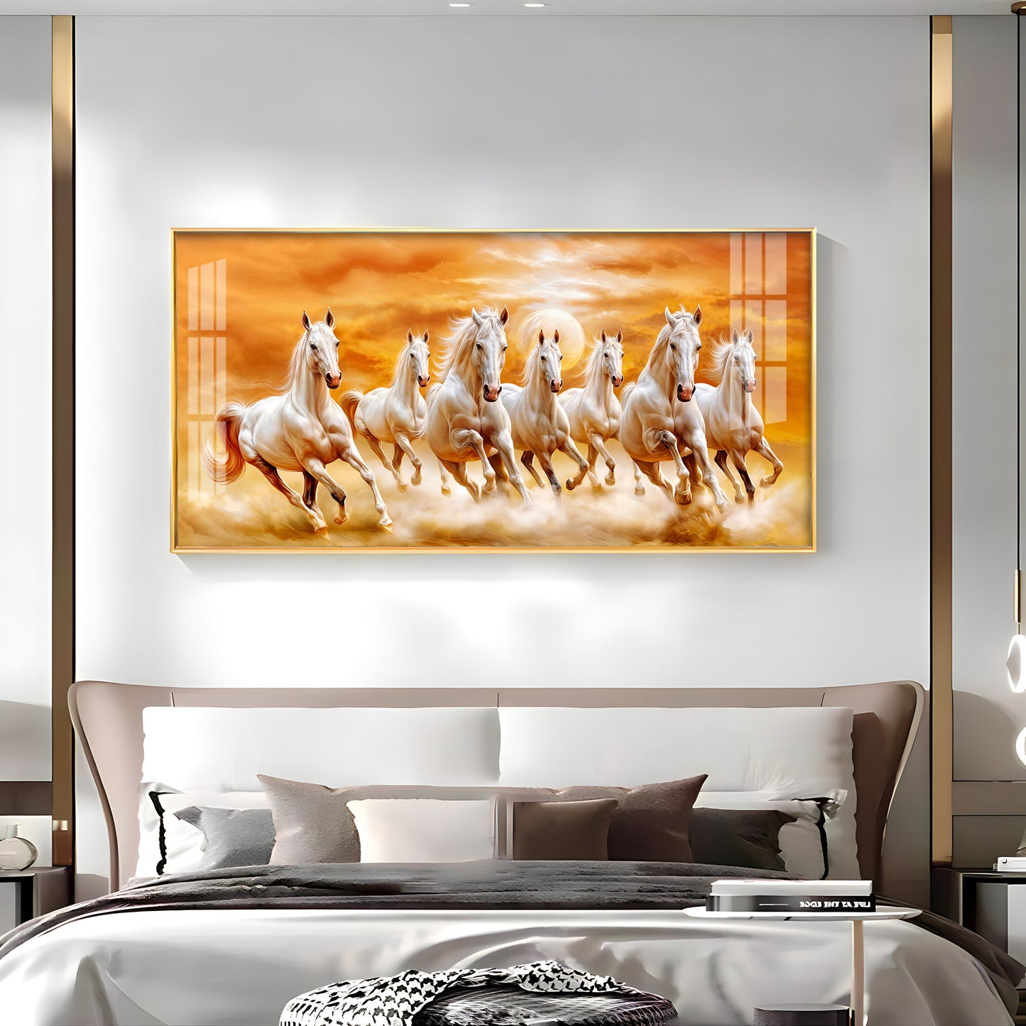 Vastu 7 Running White Horses Premium Acrylic Horizontal Wall Art