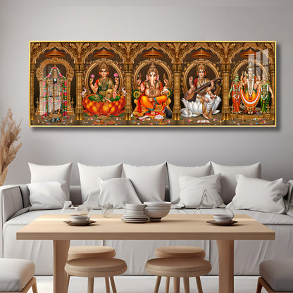 Divine Perumal, Lakshmi, Ganesha, Saraswati & Murugan Premium Acrylic Horizontal Wall Art
