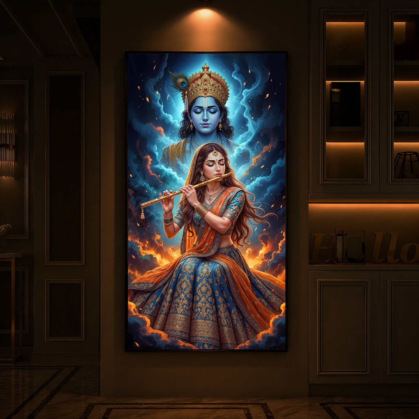 Radhe Krishna Colorful Modern Luxury Backlight Vertical Wall Art