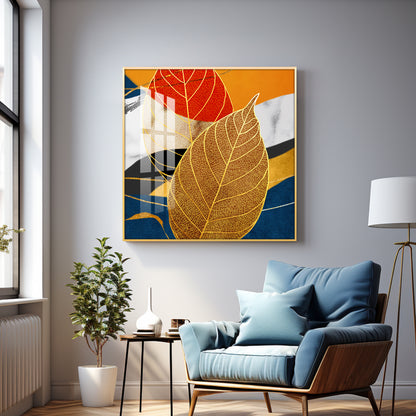 Yellow Tree Leaves Feathers Premium Acrylic Square Wall Art