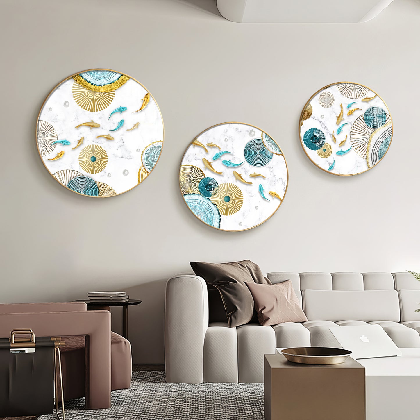 Koi Fish In Blue & Gold Premium Acrylic Round Wall Art (Set of 3)
