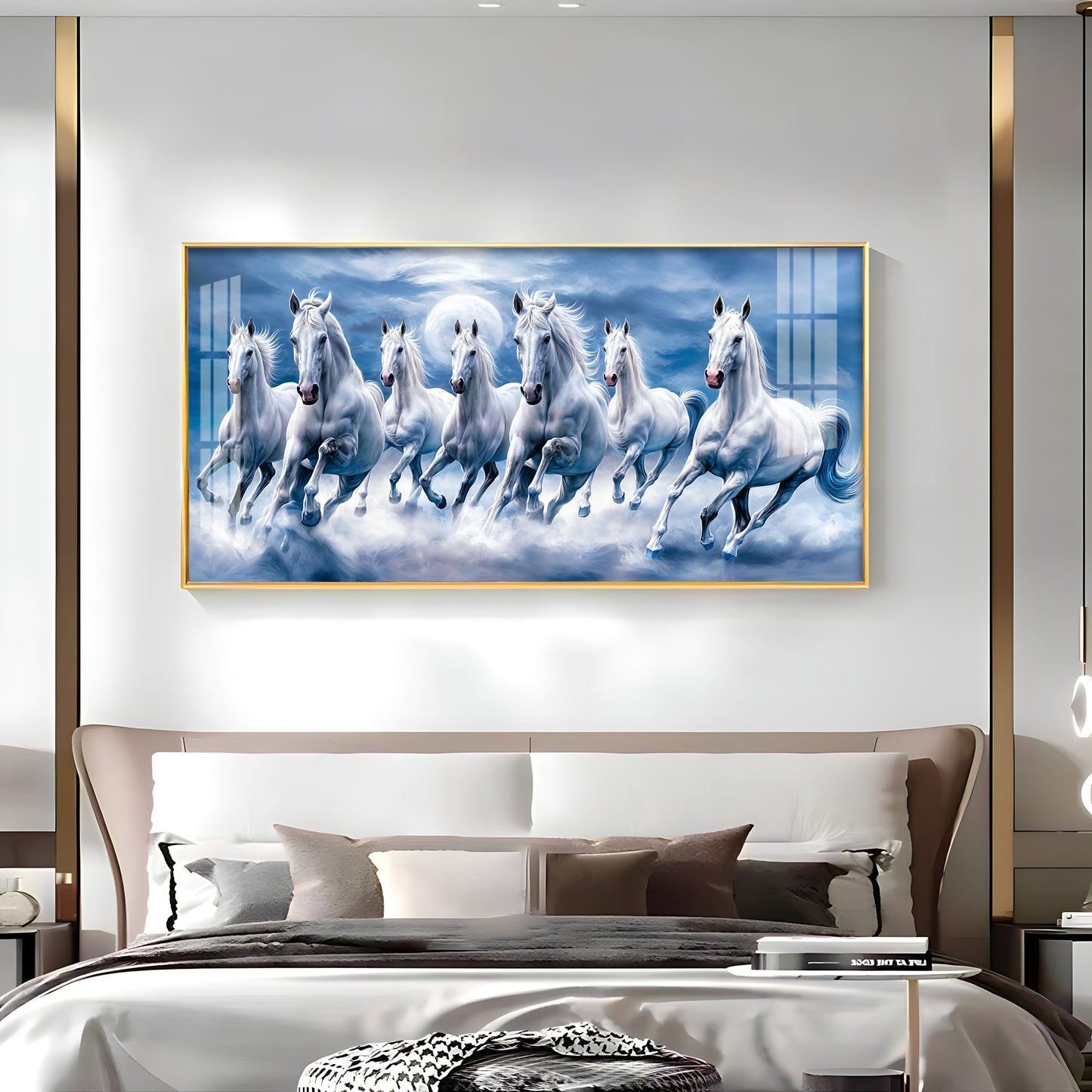 7 White Running Horses With Sunrise Premium Acrylic Horizontal Wall Art