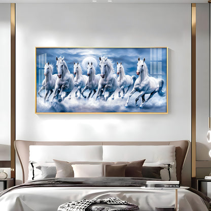 7 White Running Horses With Sunrise Premium Acrylic Horizontal Wall Art