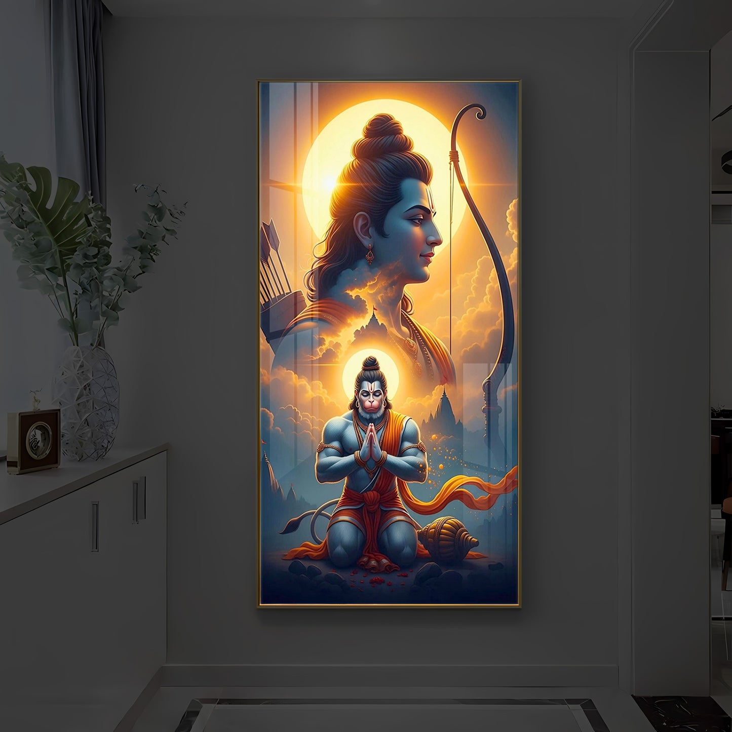 Ram and Hanuman Ji Modern Luxury Backlight Vertical Wall Art
