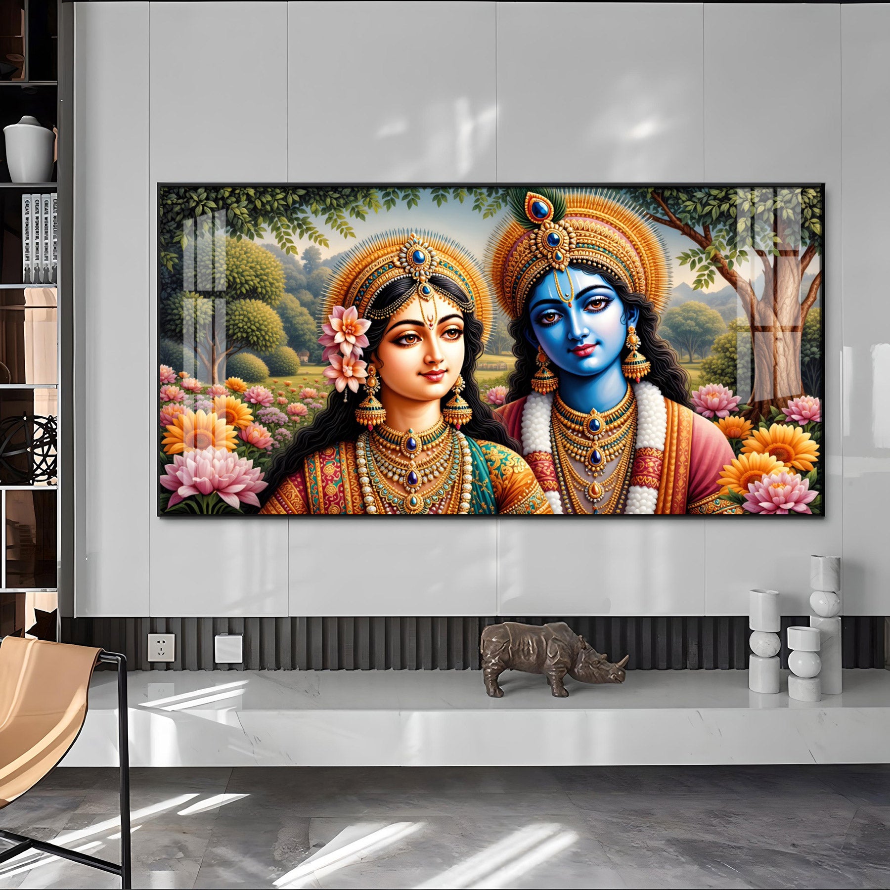 Radha Krishna With Round Diadem Premium Acrylic Horizontal Wall Art