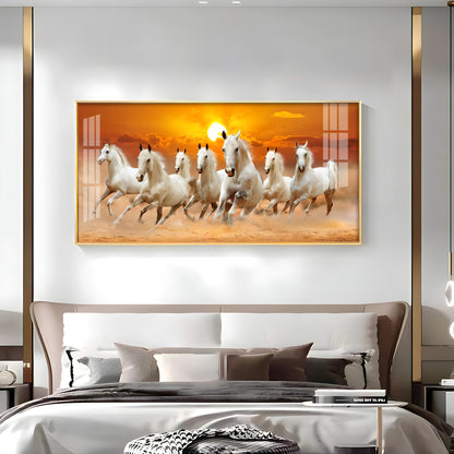 White 7 Running Horses Premium Acrylic Horizontal Wall Art