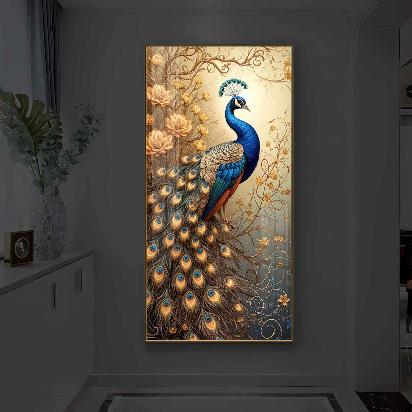Beautiful Peacock Modern Luxury Backlight Vertical Wall Art