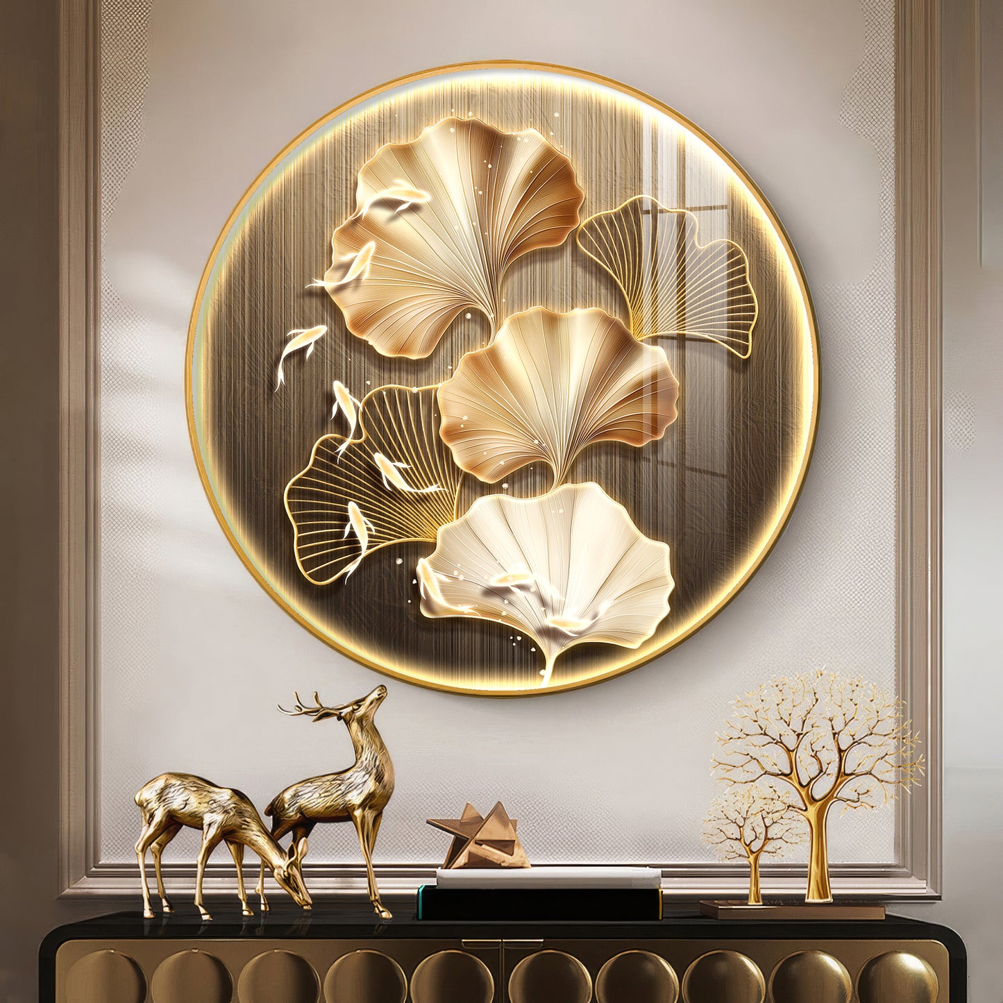 Golden Fusion Petal Premium Acrylic Round Wall Art