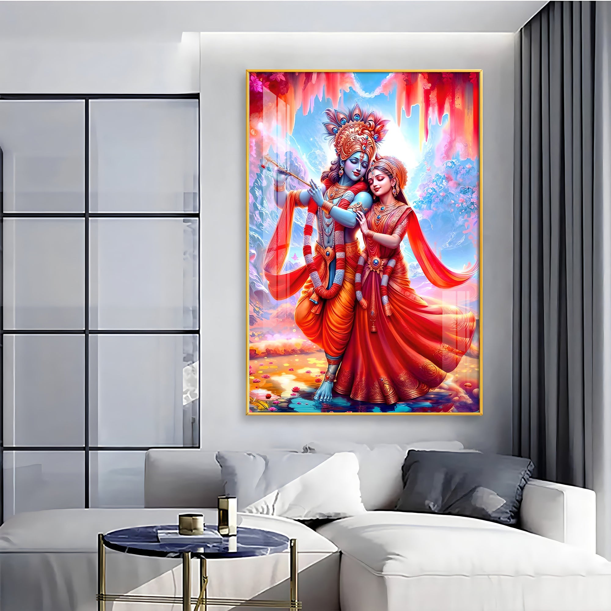 Beautiful Radha Krishna In Red Premium Acrylic Vertical Wall Art