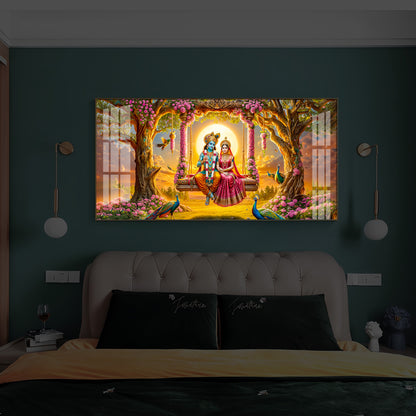 Loving Couple Lord Radha Krishna Modern Luxury Backlight Horizontal Wall Art