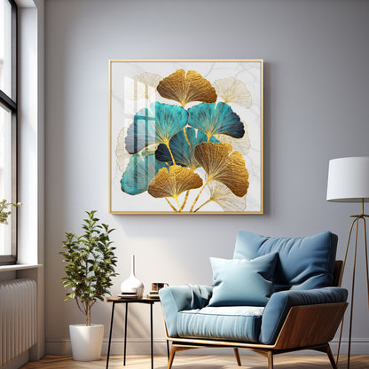 Golden Blue Ginkgo Leaf Premium Acrylic Square Wall Art