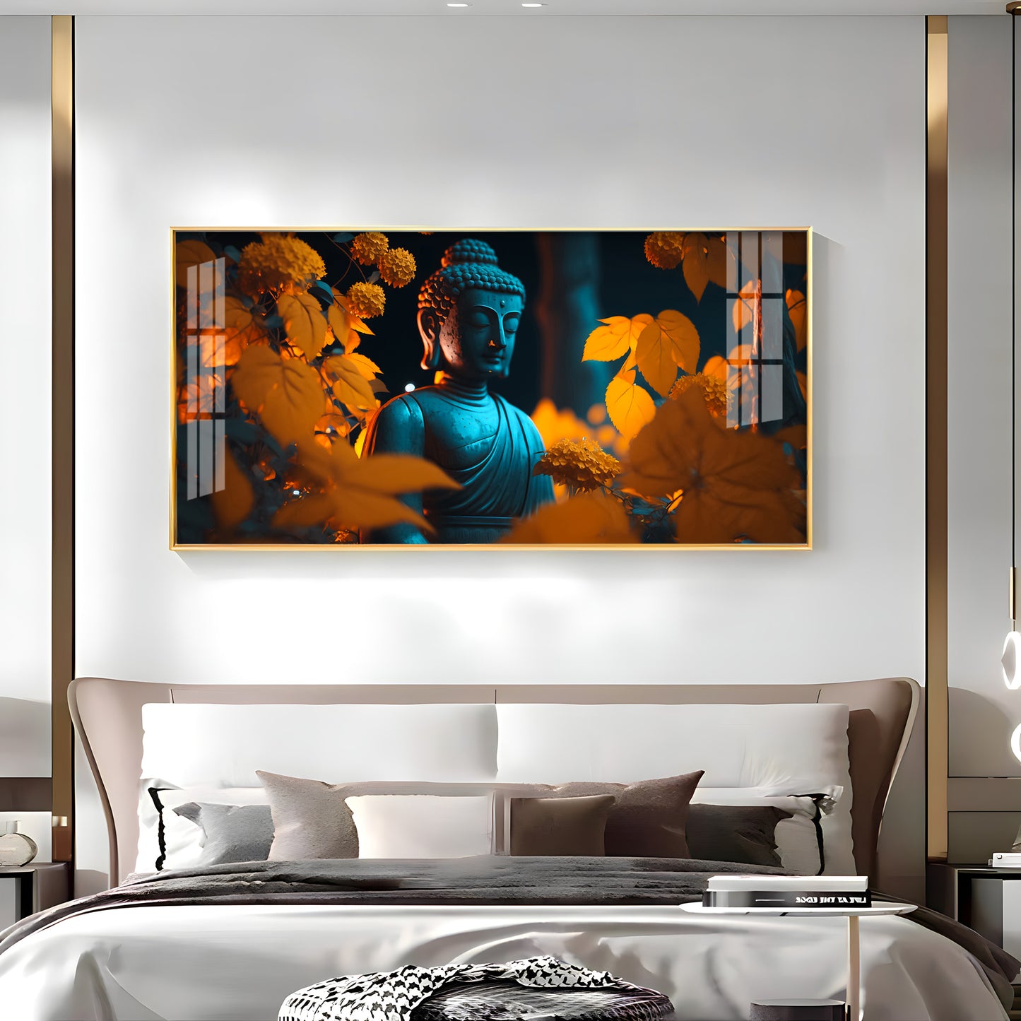 Buddha With Golden Autumn Fall Premium Acrylic Horizontal Wall Art