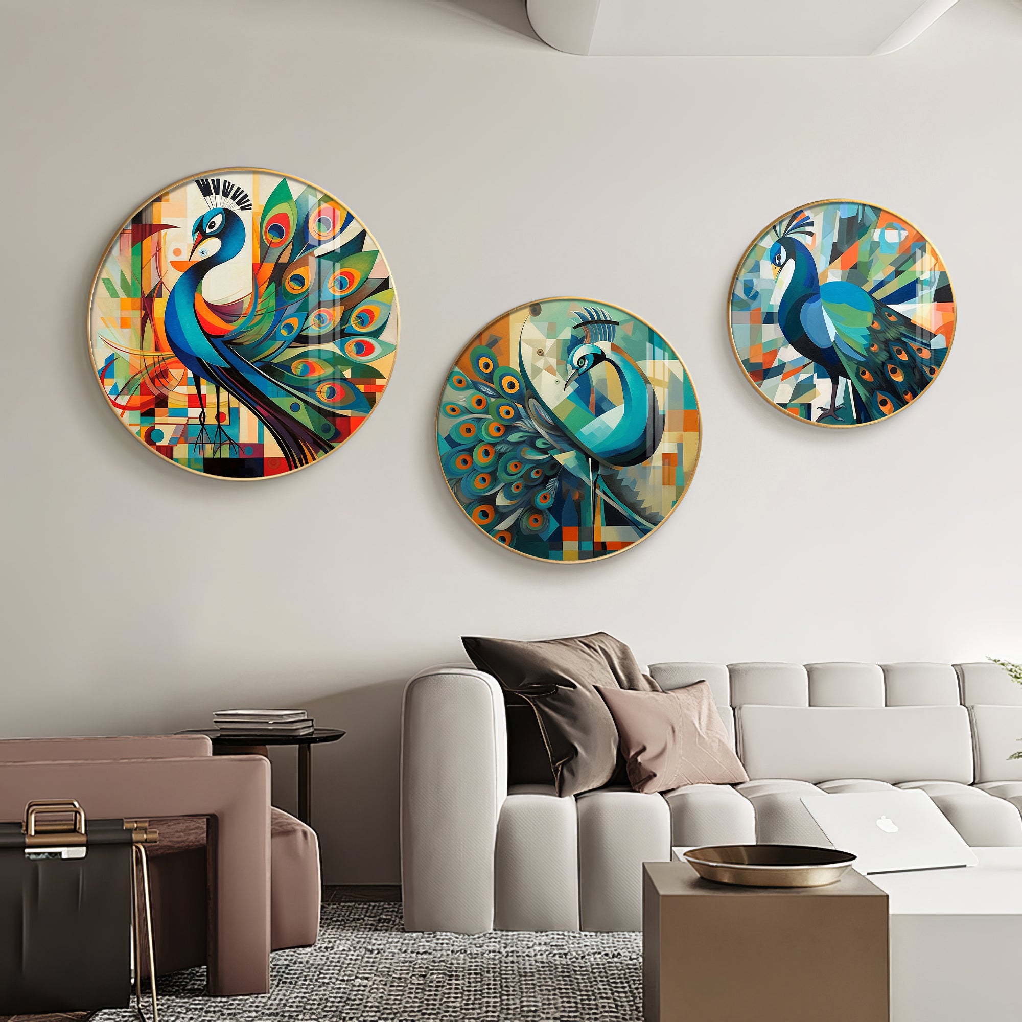 Colorful Peacock Abstract Premium Acrylic Round Wall Art (Set of 3)