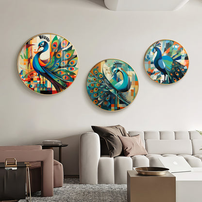 Colorful Peacock Abstract Premium Acrylic Round Wall Art (Set of 3)
