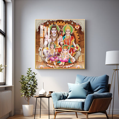 Shiv Parivar Premium Acrylic Square Wall Art - 24X24 inches / Gold