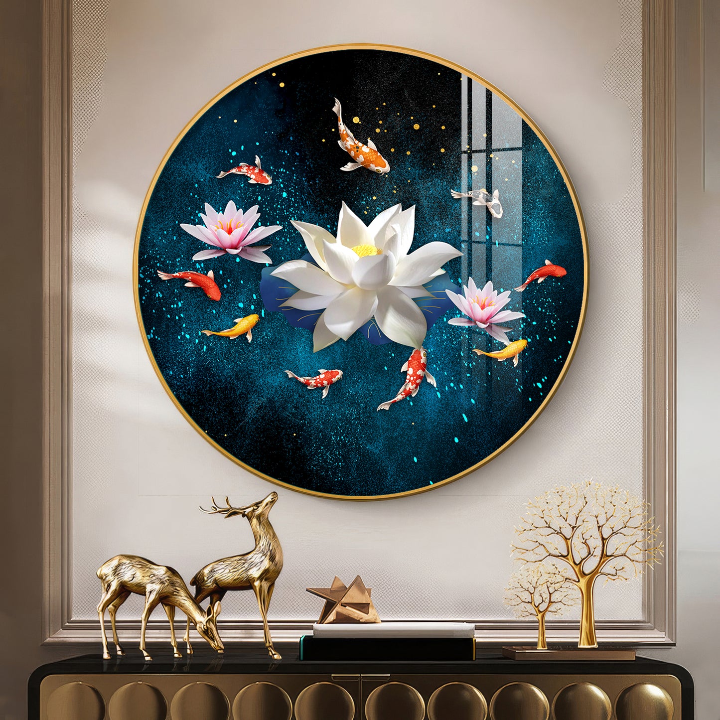 Lotus and Fish Premium Acrylic Round Wall Art