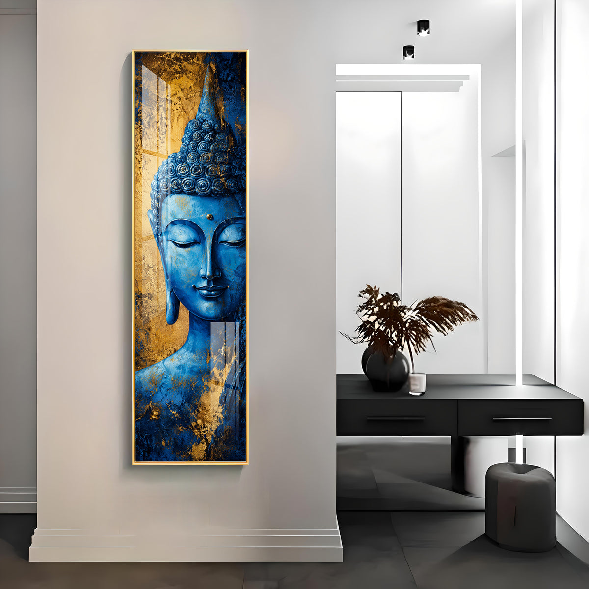 Blue and Gold Meditating Buddha Premium Acrylic Vertical Wall Art