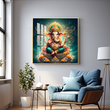 Lord Ganesh Blessings Premium Acrylic Square Wall Art