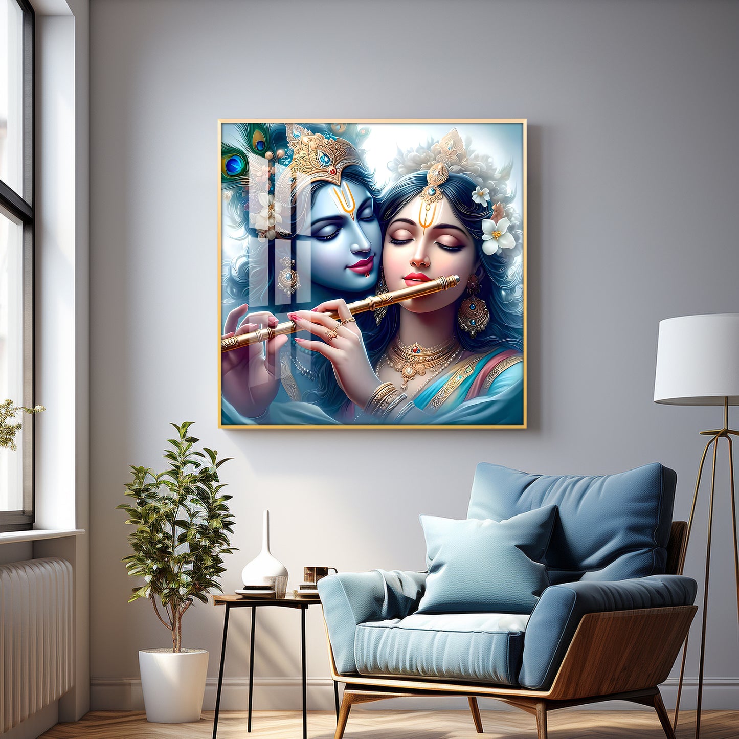 Radha Krishna With Flute Premium Acrylic Square Wall Art