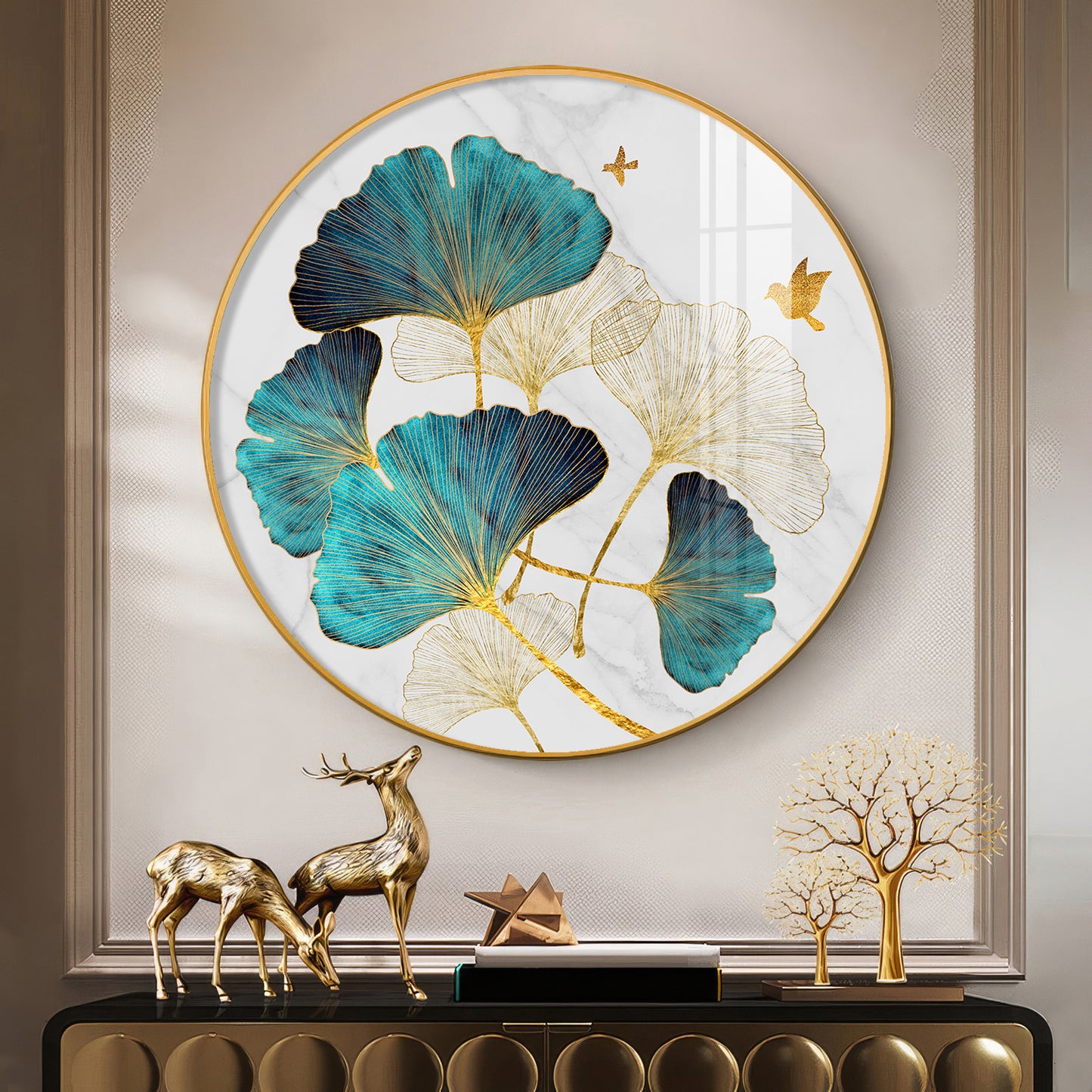Blue Leaf Premium Acrylic Round Wall Art