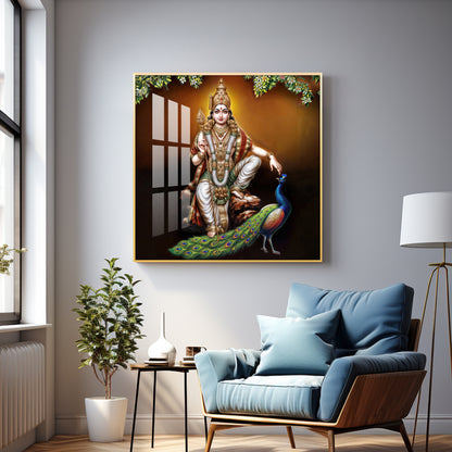 Lord Murugan With Peacock Premium Acrylic Square Wall Art