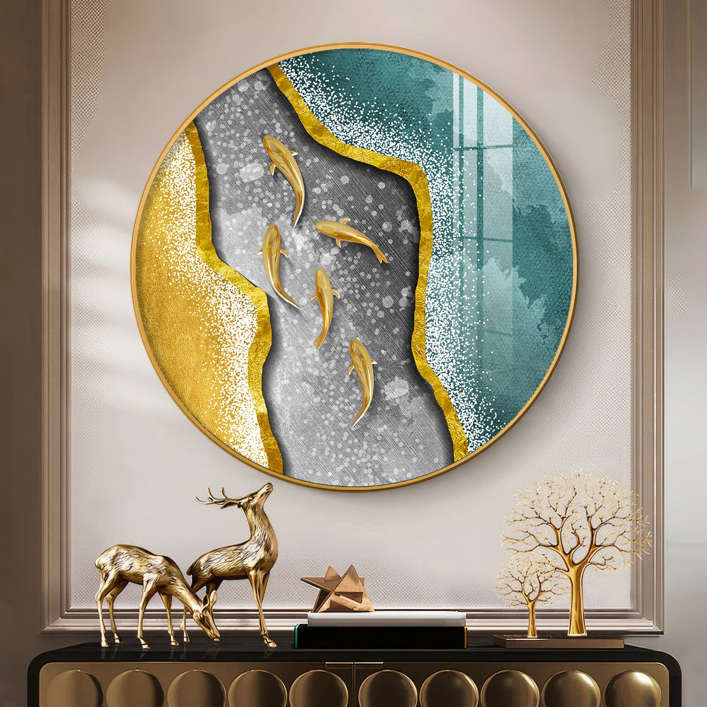 Koi Fish In Waves Premium Acrylic Round Wall Art