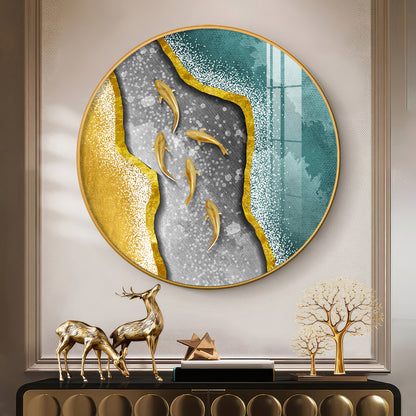 Koi Fish In Waves Premium Acrylic Round Wall Art