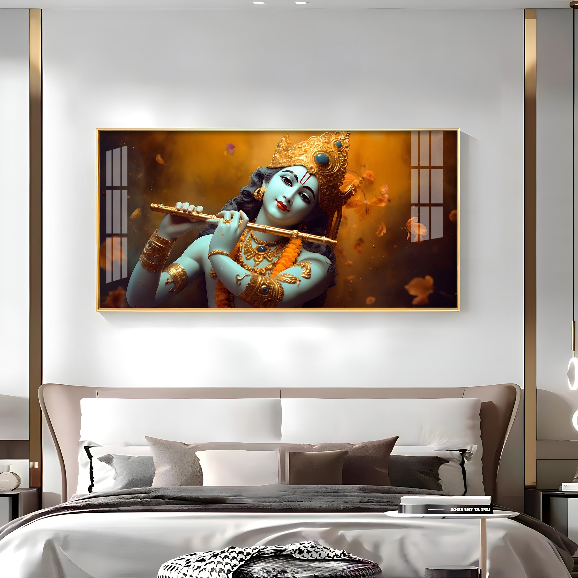 Om Jai Shree Krishna Luxury Crystal Horizontal Wall Art