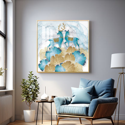 Blue Deer With Ginkgo Leaf Premium Acrylic Square Wall Art