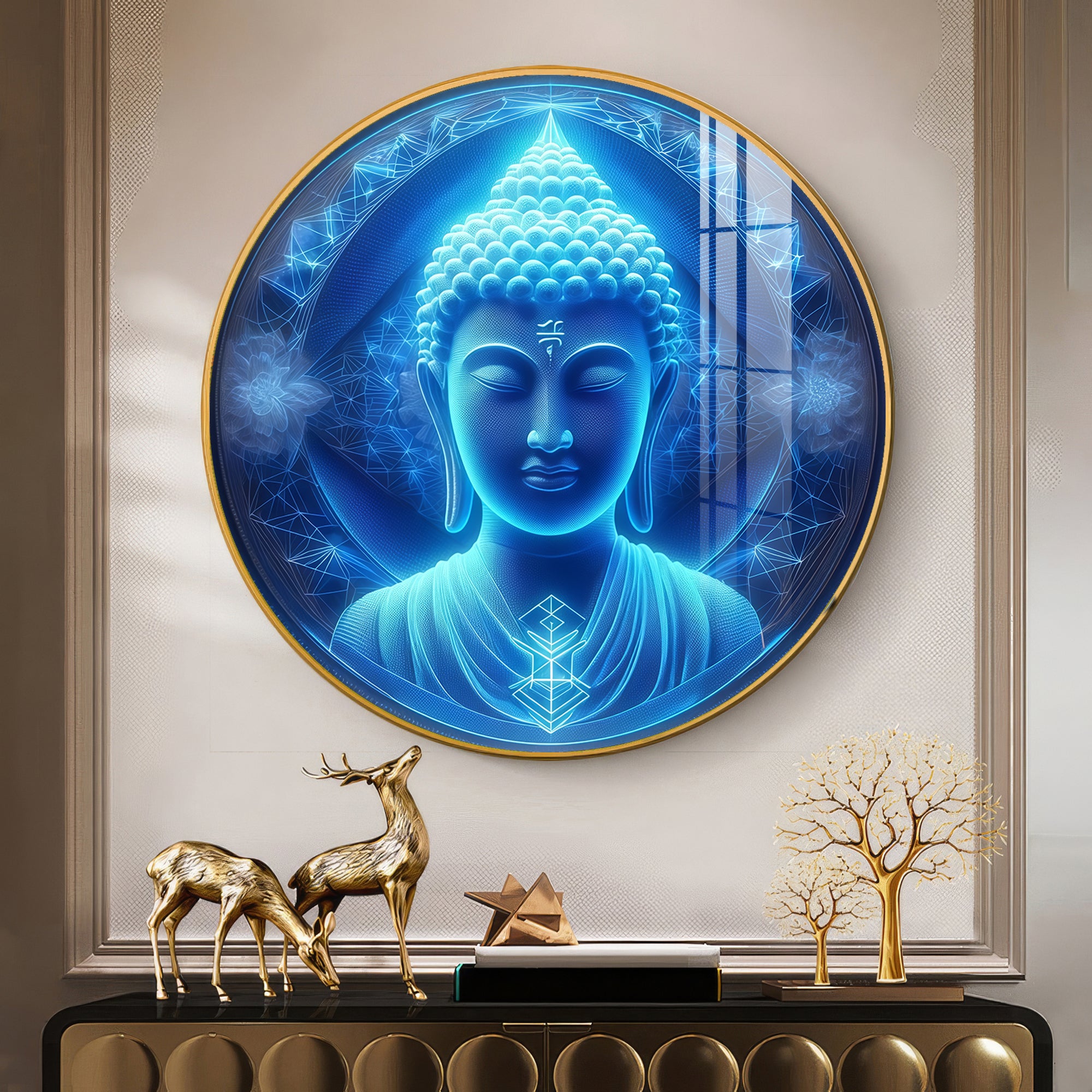 Sacred Buddha In Blue Premium Acrylic Round Wall Art
