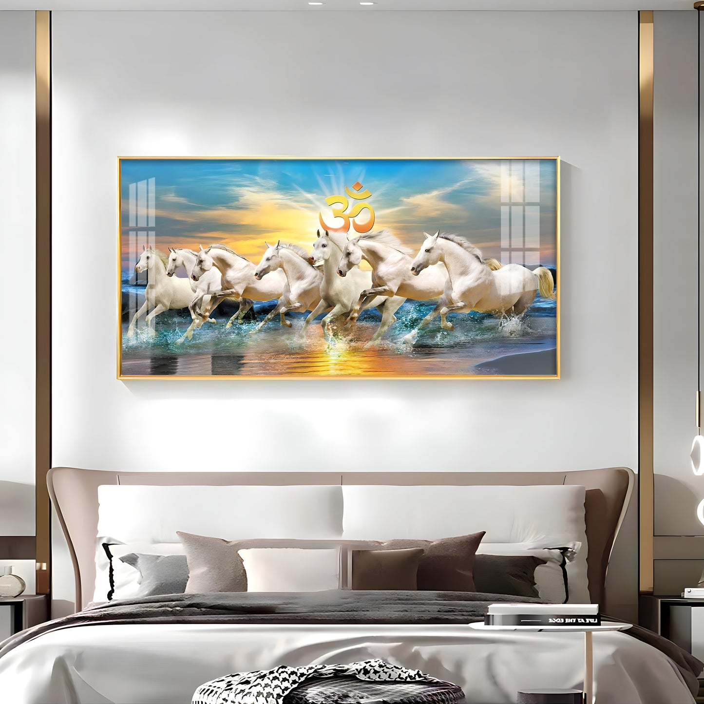 White Running Horses in Sea with Om Premium Acrylic Horizontal Wall Art