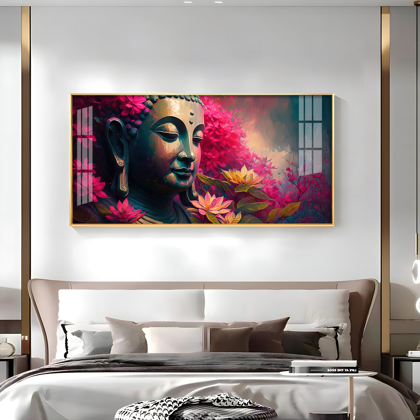 Lord Buddha Blossoms Premium Acrylic Horizontal Wall Art