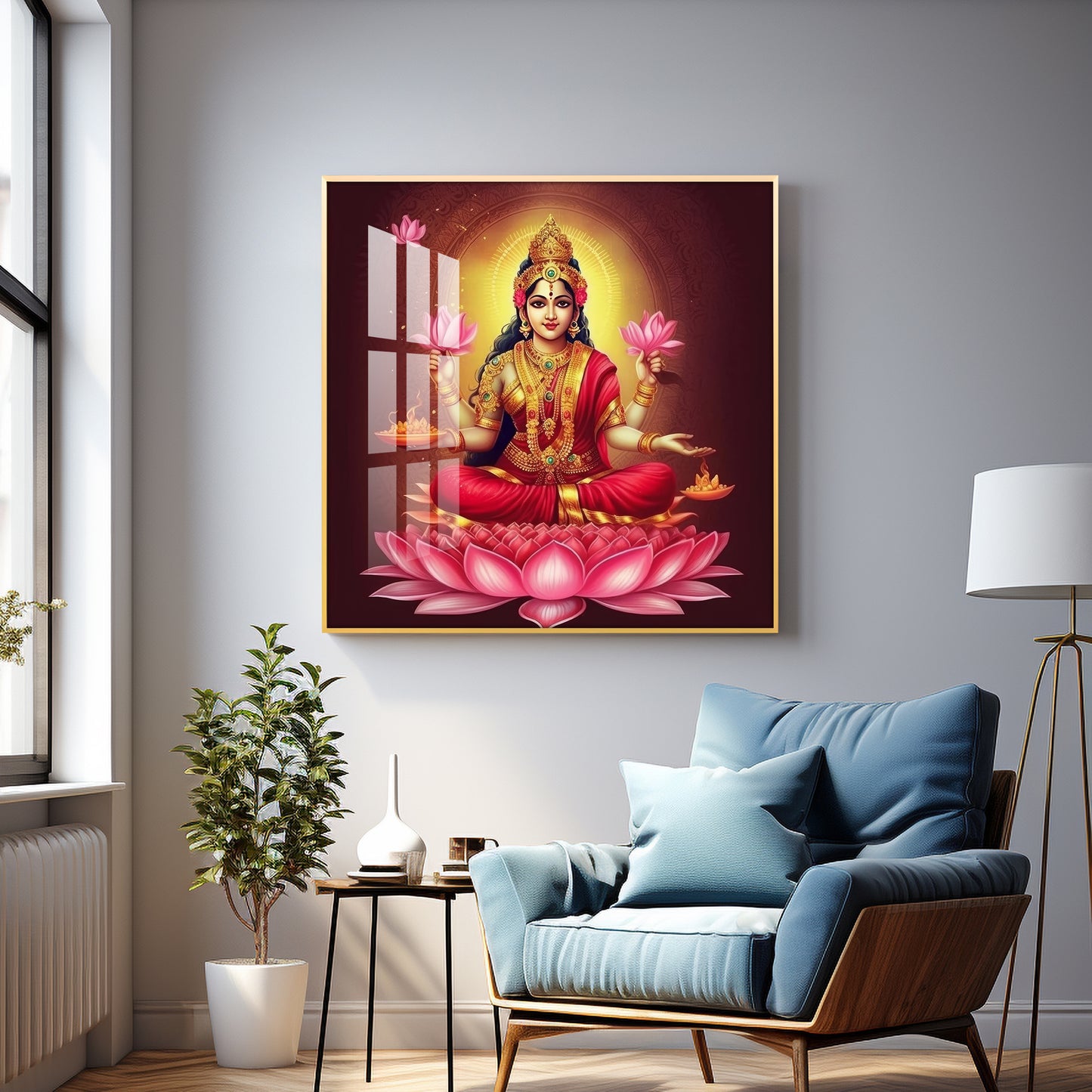 Laxmi Maa With Lotus Premium Acrylic Square Wall Art