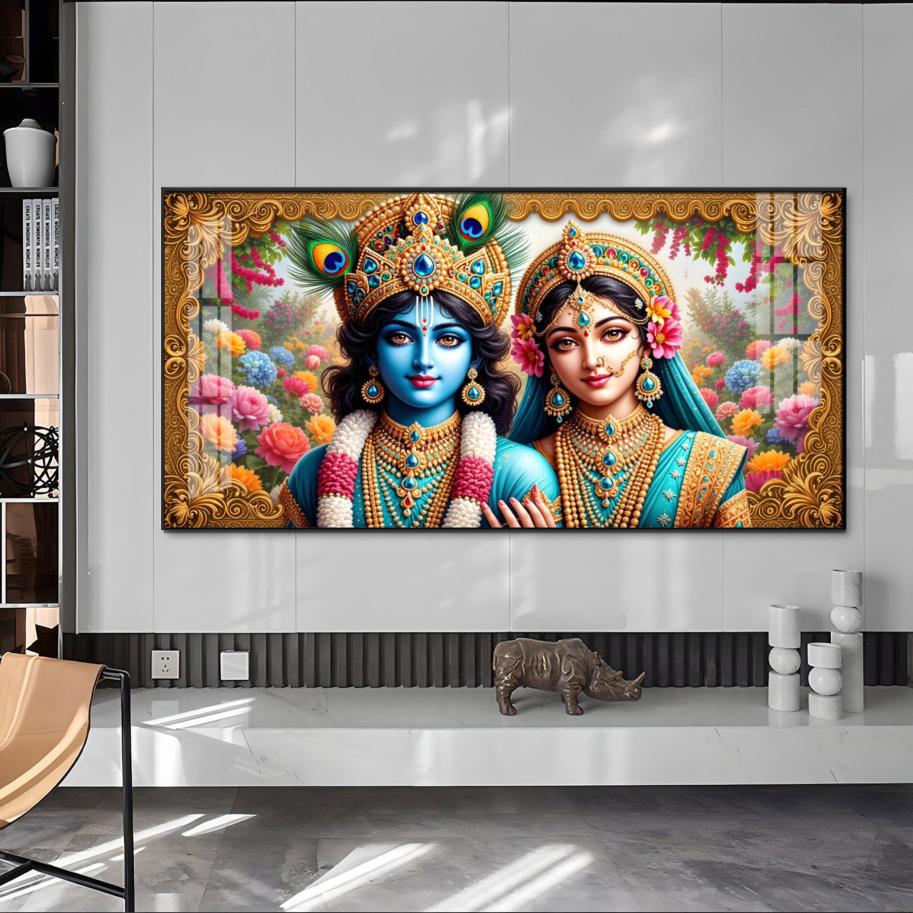 Radha Krishna In Floral Premium Acrylic Horizontal Wall Art