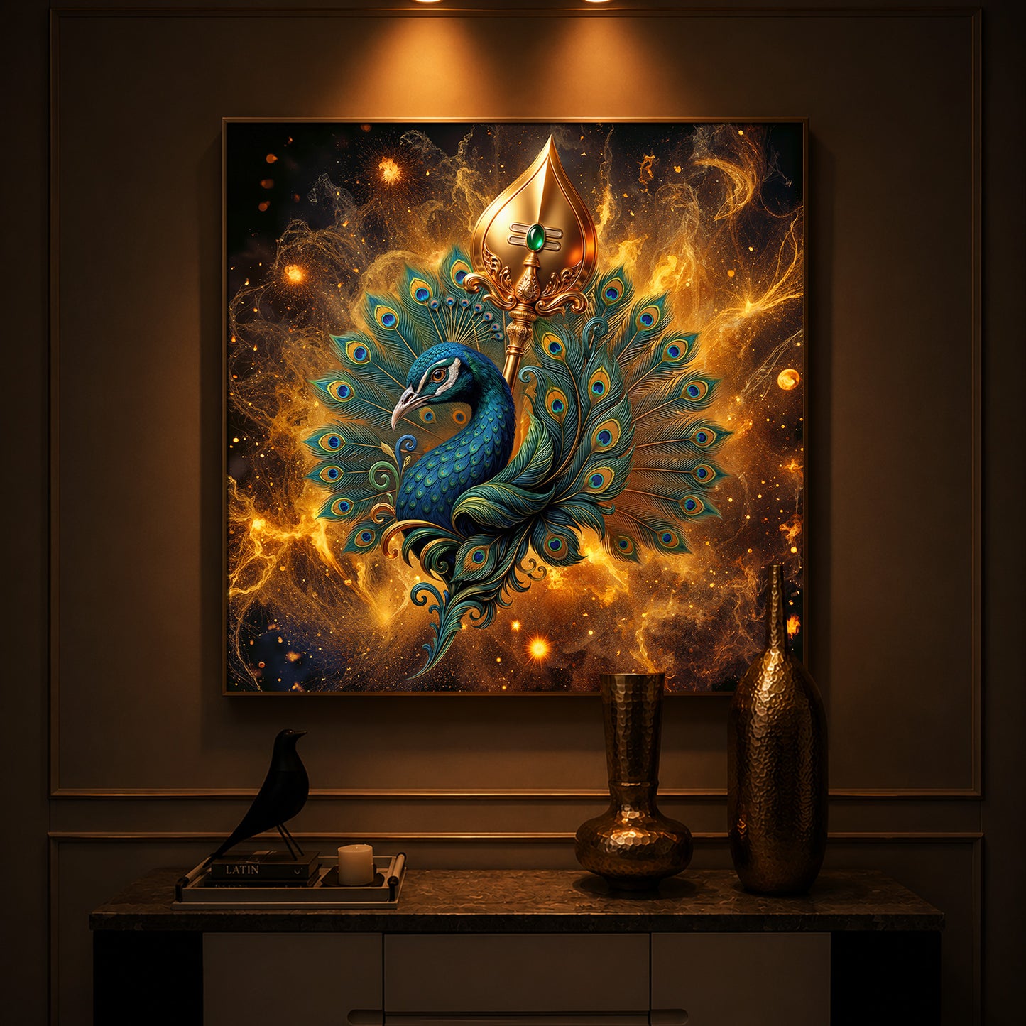 Lord Murugan’s Majestic Peacock Modern Luxury Backlight Square Wall Art