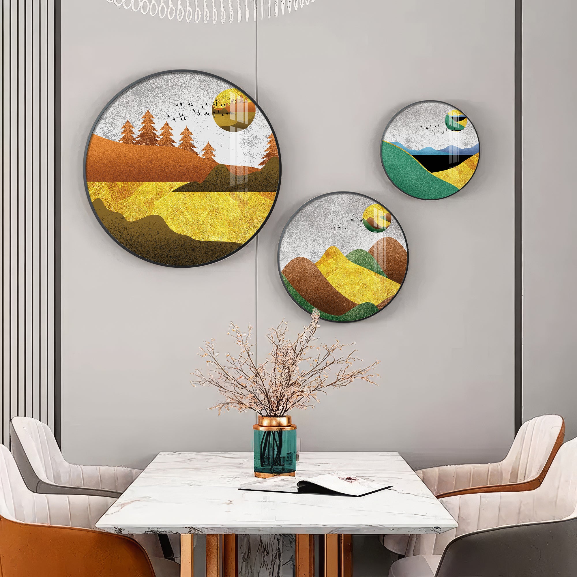 Mountain View Abstract Premium Acrylic Round Wall Art (Set of 3)