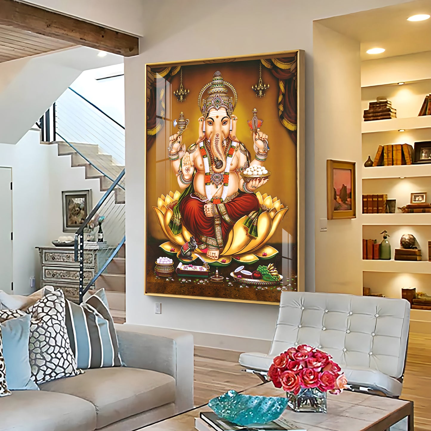 Lord Ganesha On Gold Lotus Premium Vertical Acrylic Wall Art