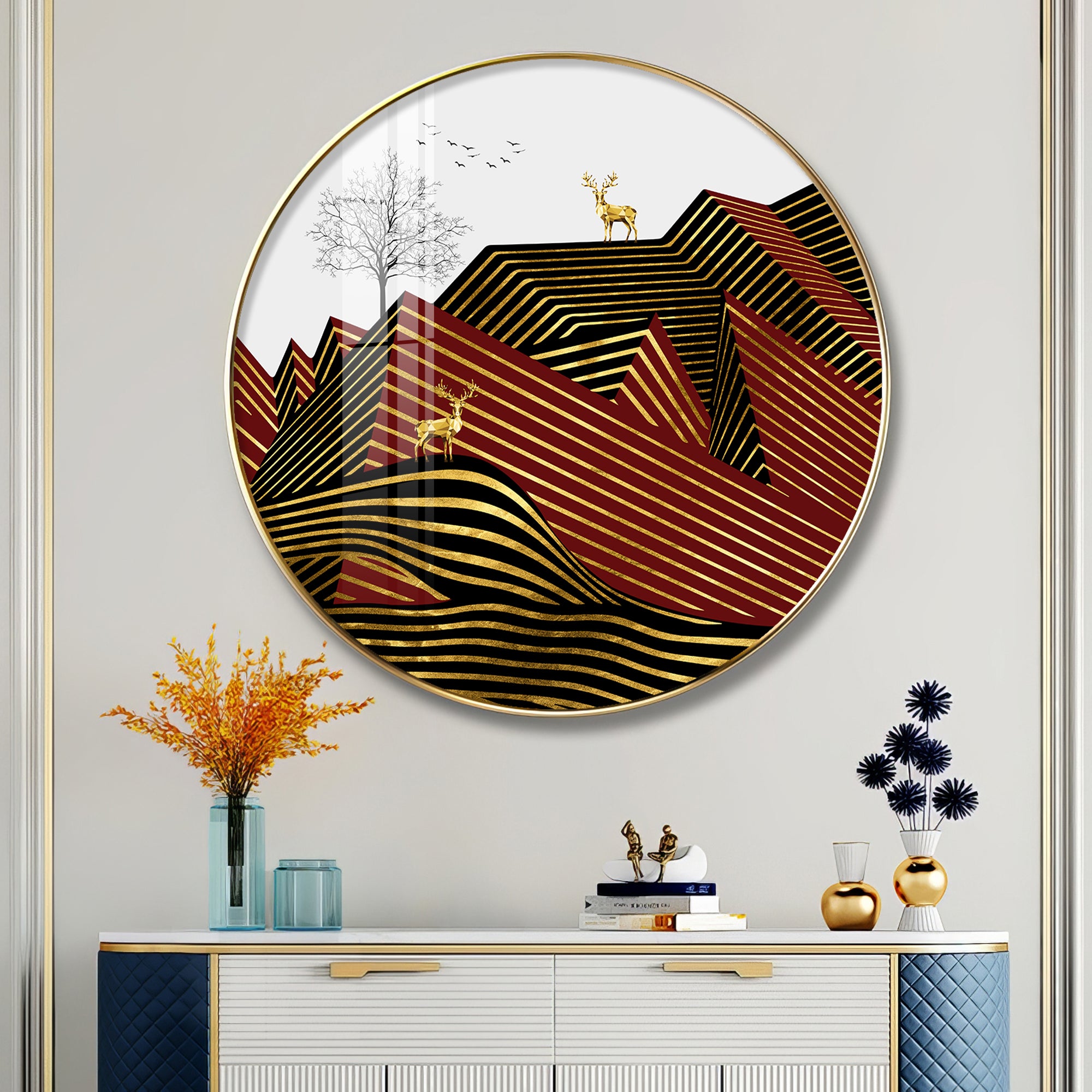 Deer and Mountain Premium Acrylic Round Wall Art