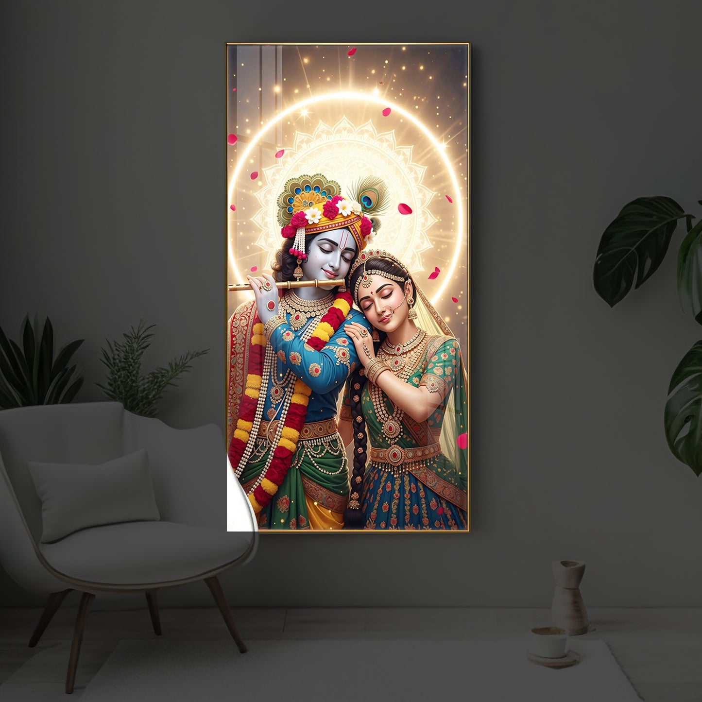 Couple Radhe Krishna Modern Luxury Backlight Vertical Wall Art