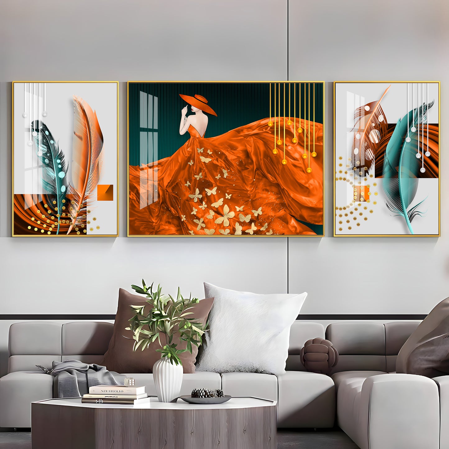 Women In Beautiful Orange Outfit Premium Acrylic Wall Art (Set of 3)