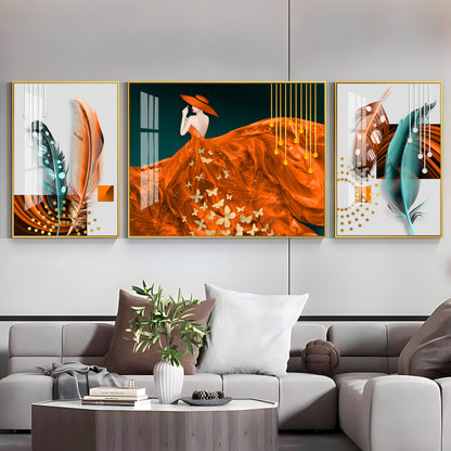 Women In Beautiful Orange Outfit Premium Acrylic Wall Art (Set of 3)