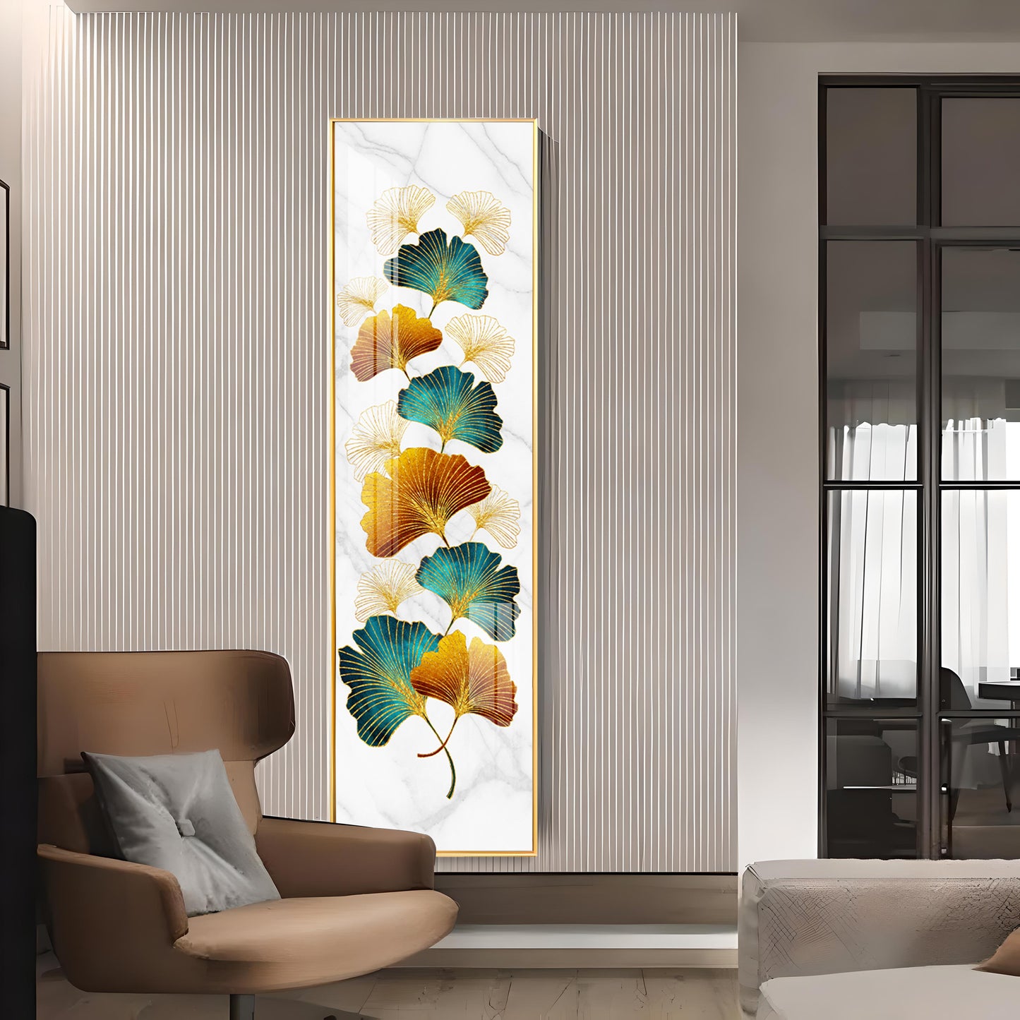 Golden Green Leaves Premium Acrylic Vertical Wall Art