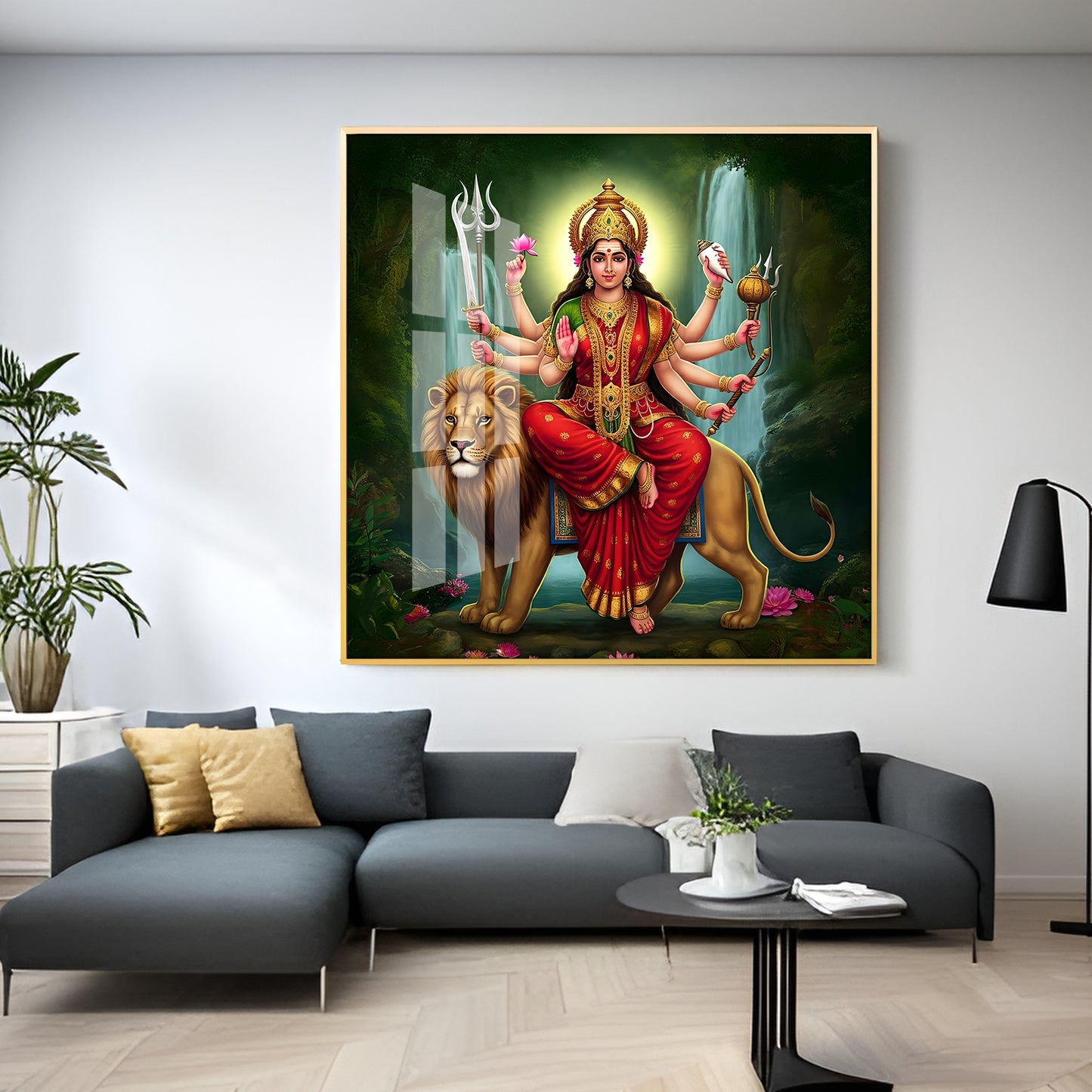 Divine Majesty Of Goddess On Tiger Premium Acrylic Square Wall Art